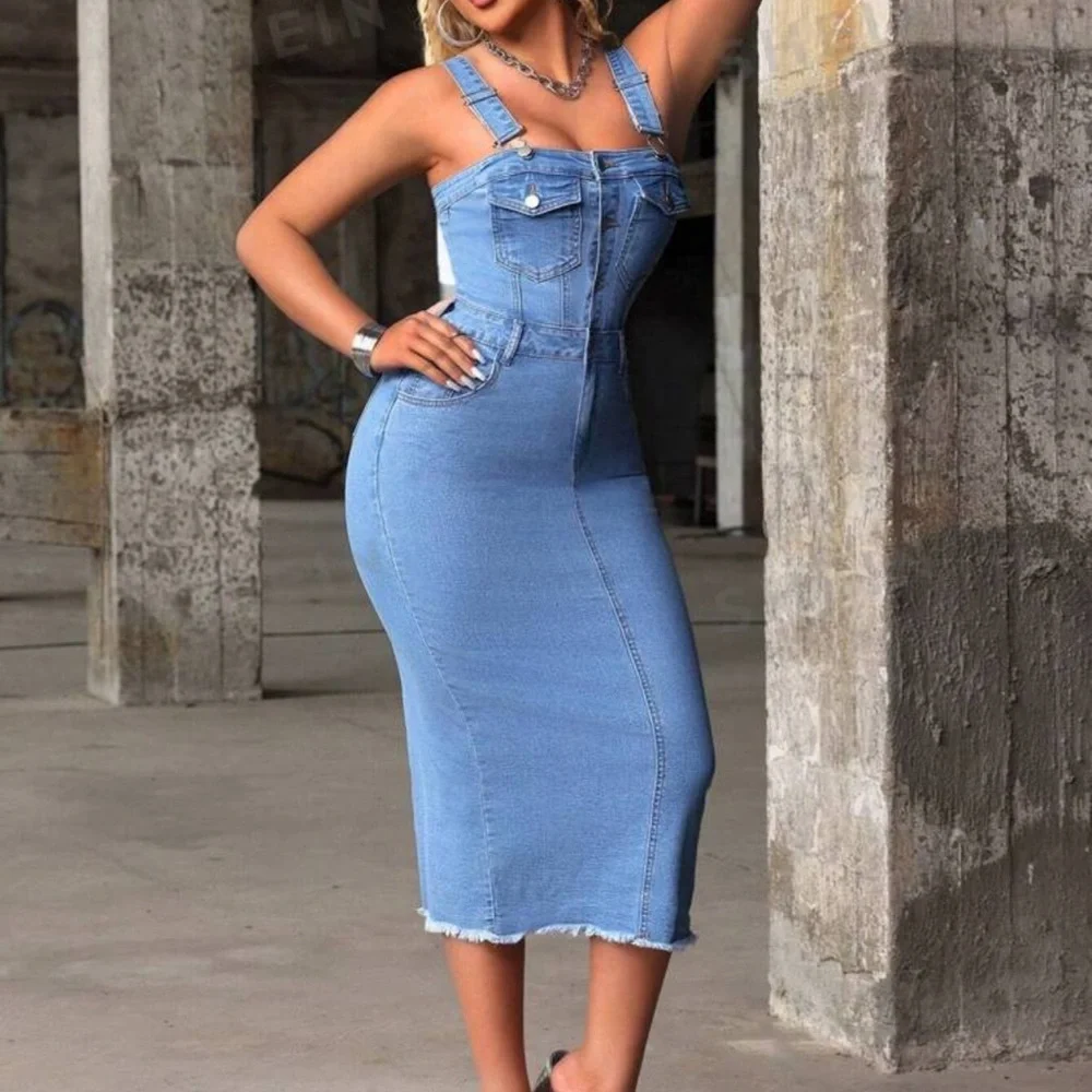 Buttoned Denim Dress with Slit Back - Picture 4 of 10